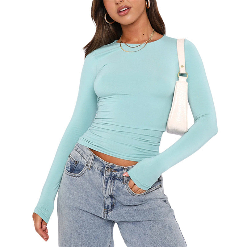 Women's Clothing Fashion Slim Long-Sleeved Pullovers Tops Solid