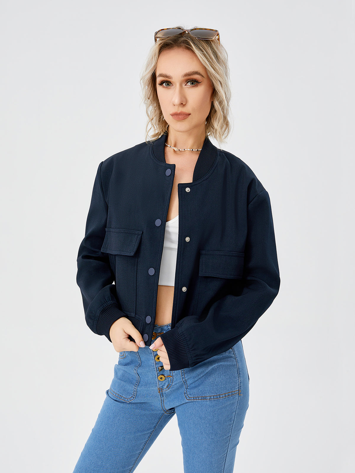 Women's Lightweight Cropped Bomber Jacket Casual Long Sleeve Varsity
