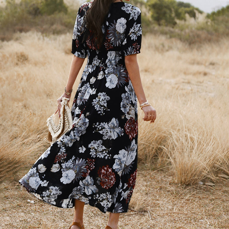 Floral Summer Beach Dress with V-Neck Elastic Waist Dresses for Women