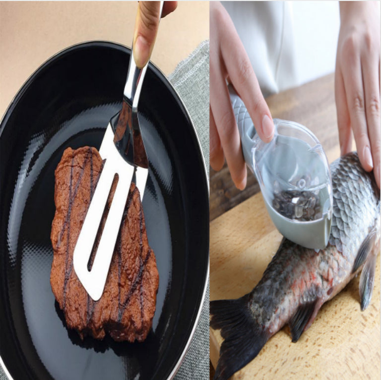 Stainless Steel BBQ Tongs & Steak Spatula - Grill Cooking Tool