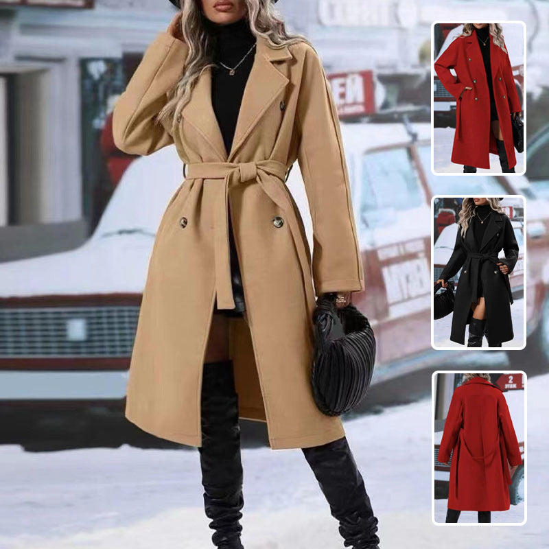Lapel Double-Breasted Trench Coat with Belt Winter Fashion Solid