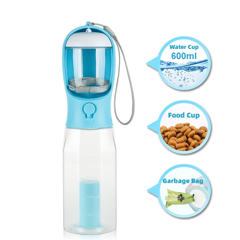 3-in-1 Dog Water Bottle 600 ml - Leakproof Travel Drinker, Food & Poop Bag Holder