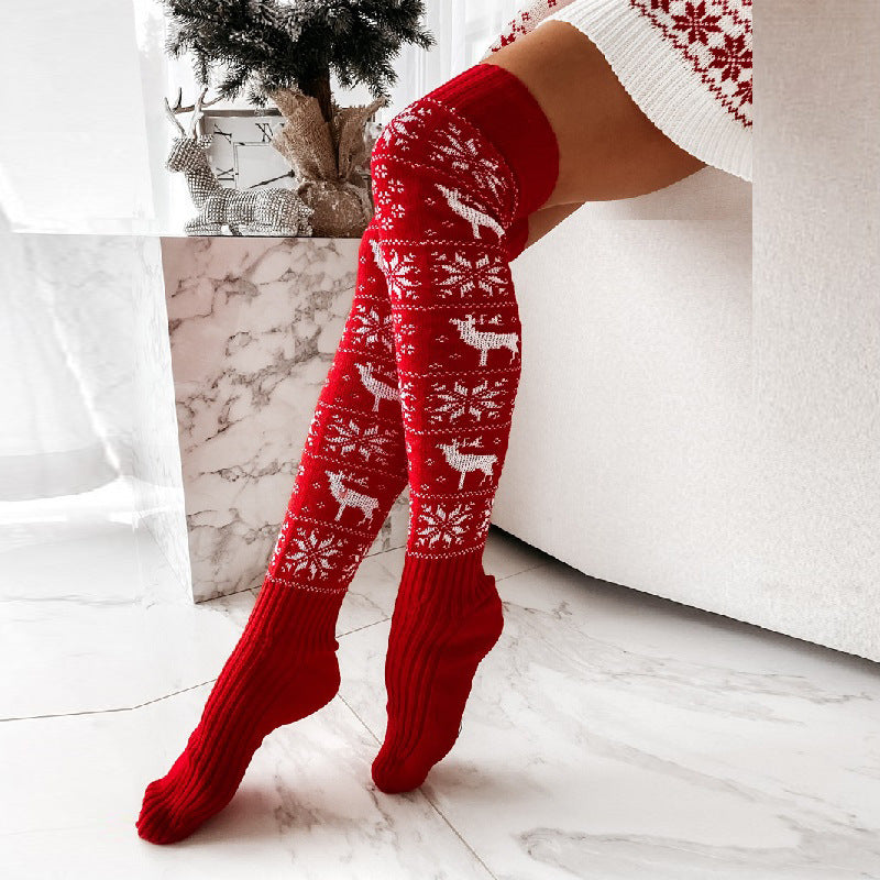 Winter Christmas Warm Knitted Women Stocking Beautiful Elk Snowflake