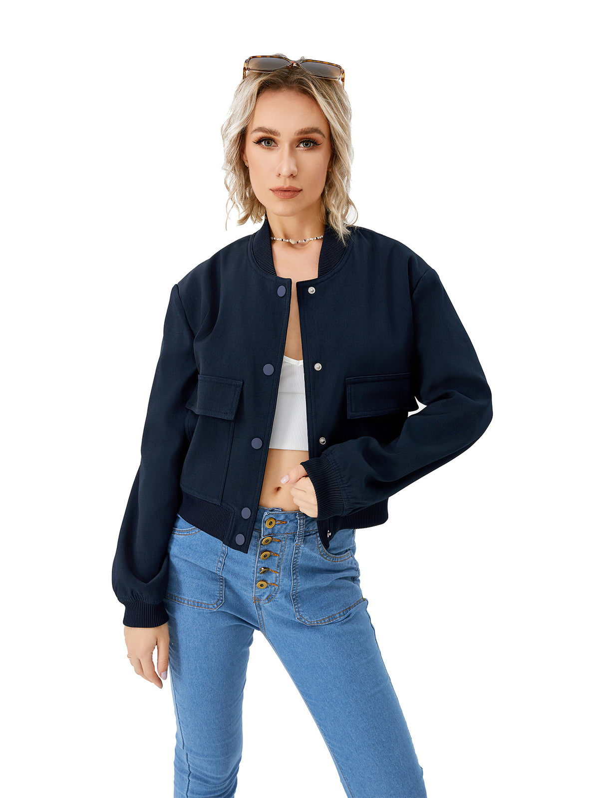 Women's Lightweight Cropped Bomber Jacket Casual Long Sleeve Varsity