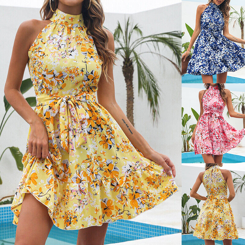 Flowers Print Halterneck Dress Summer Fashion Temperament Lace-Up