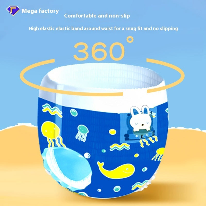 Disposable baby swimming pull-up diaper made from soft non-woven fabric and available in weight-based sizes.