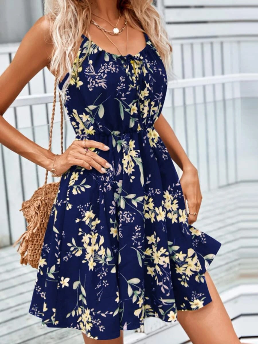 Floral Print Suspender Dress with Elastic Waist Design Fashion Summer