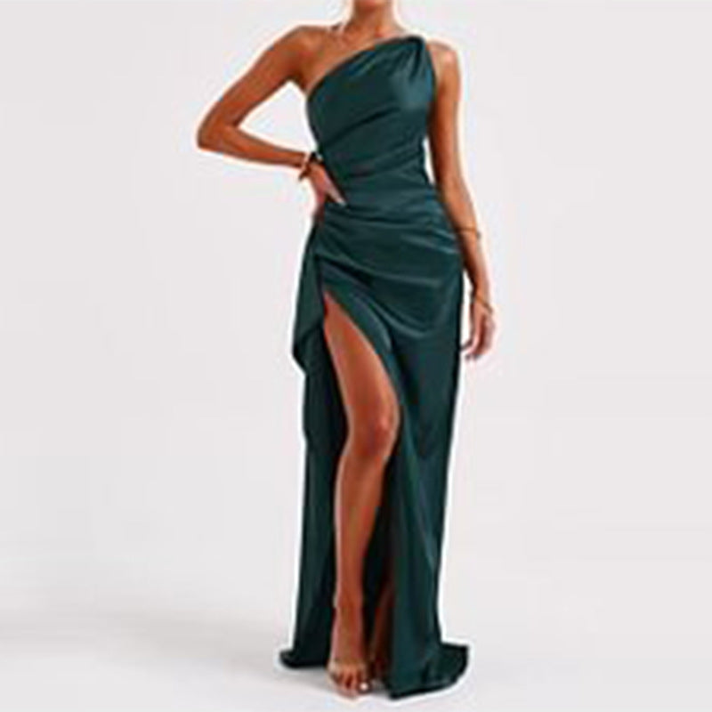 Sexy One-Shoulder Backless Slit Dress Summer Elegant Slim-Fit Solid