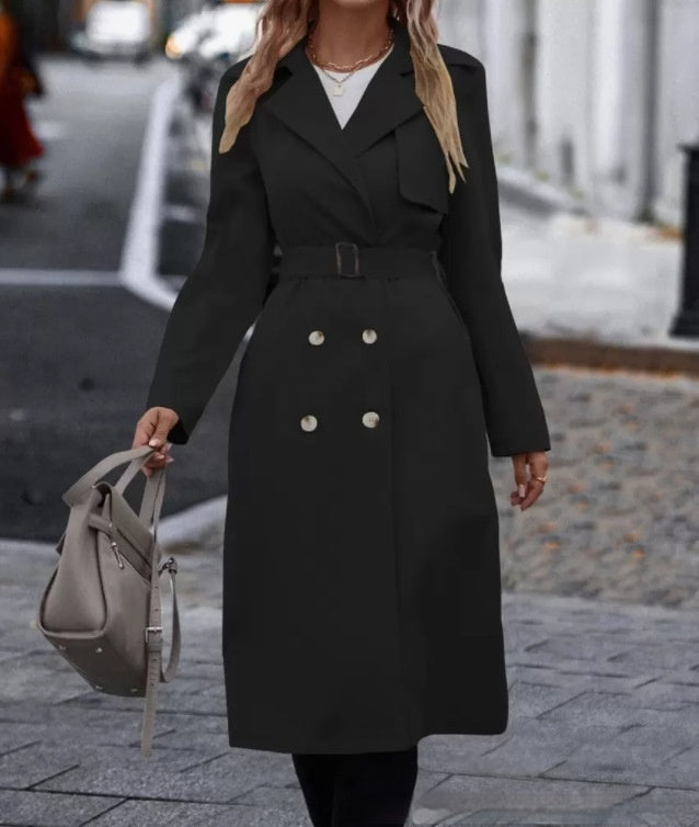 Lapel Double-Breasted Trench Coat with Belt Winter Fashion Solid