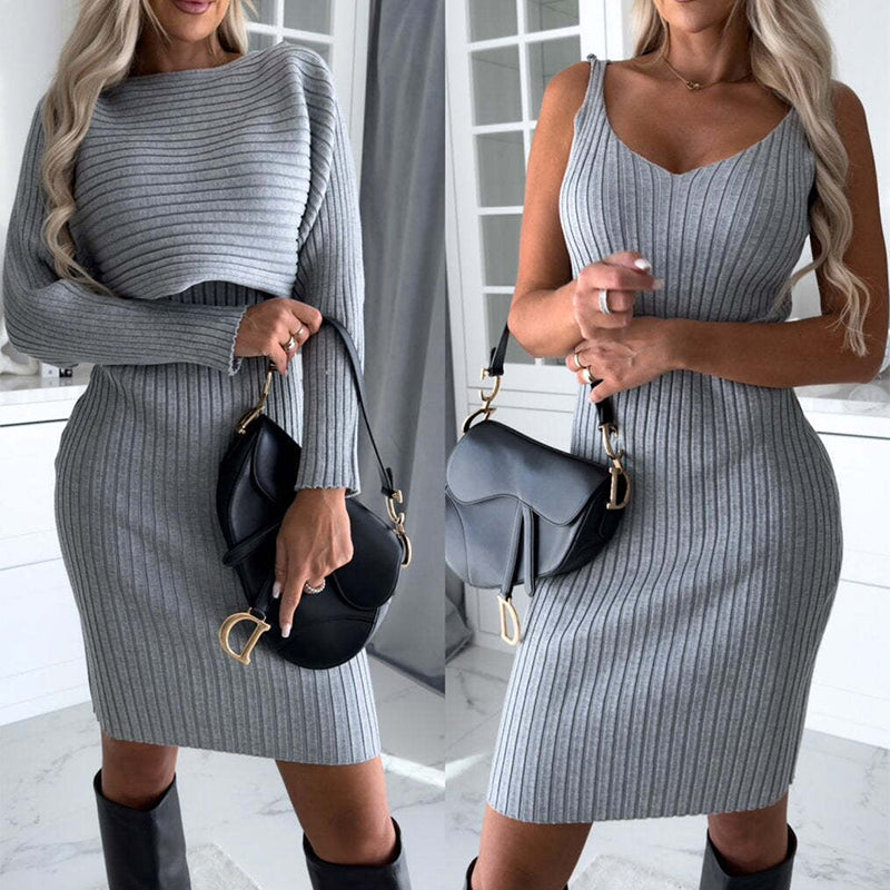 2pcs Suit Women's Solid Stripe Long-Sleeved Top and Tight Suspender