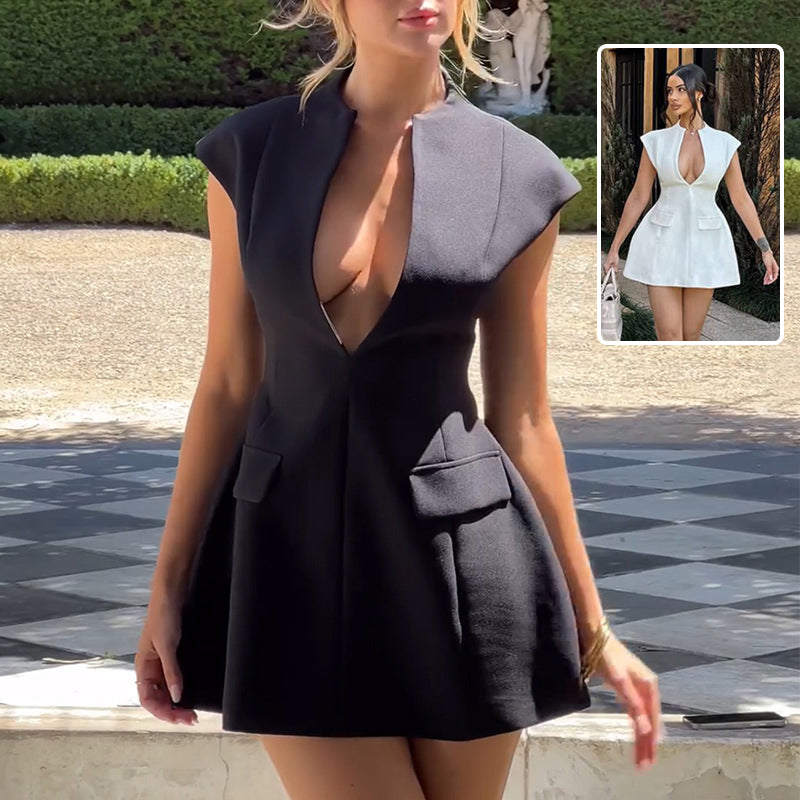 Sexy Deep V-Neck A-Line Dress Summer Fashion French Style Slimming