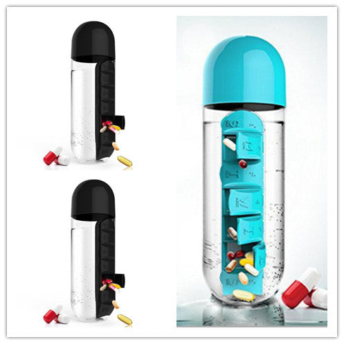 2-in-1 Water Bottle with Pill Box - Travel Cup with Storage