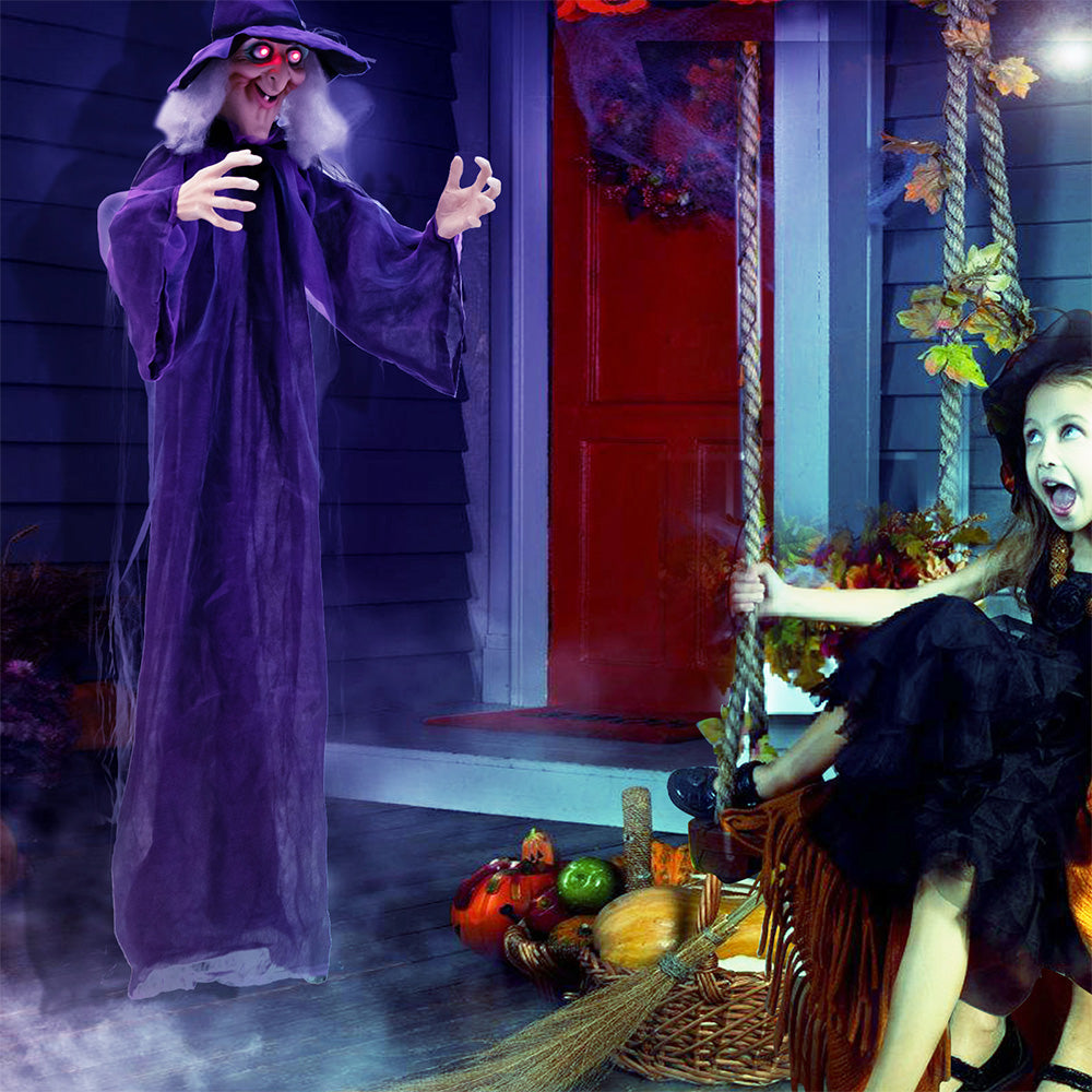6ft Animated Hanging Witch - Talking Halloween Prop with Red Eyes