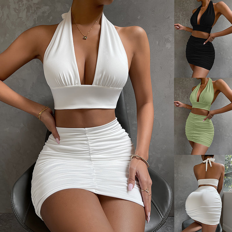 2pcs Dress Suits for Women Halter Lace-Up Hip Top and Pleated