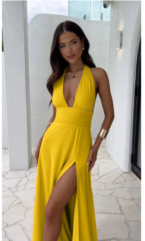 Sexy Halterneck V-Neck Slit Dress Summer Backless Strappy Skirt
