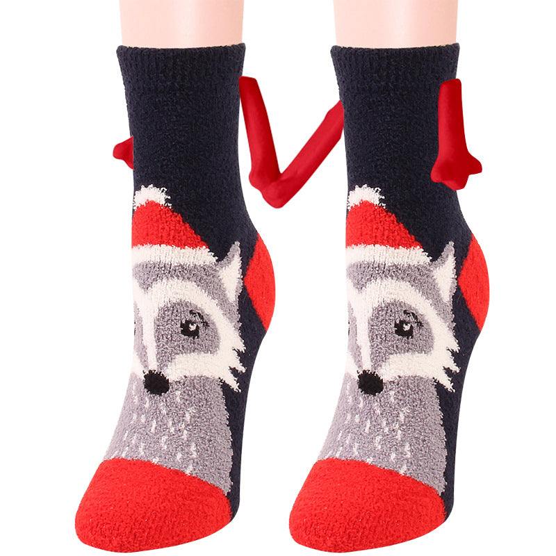 Christmas Supplies Magnetic Suction Hand in Couple Socks Coral Fleece