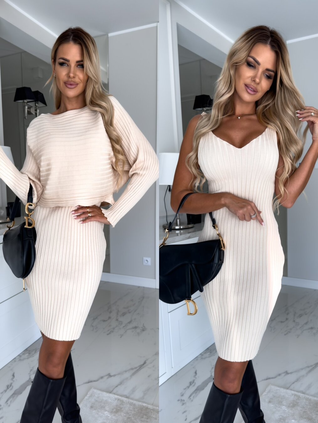 2pcs Suit Women's Solid Stripe Long-Sleeved Top and Tight Suspender