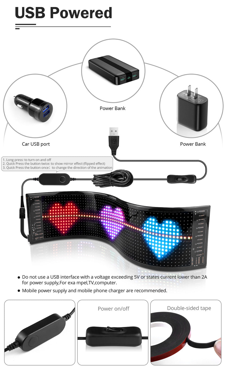 USB Programmable LED Pixel Matrix Flexible Screen - DIY Scrolling Text & Animation Panel