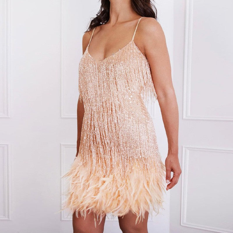 Sexy Tassel Sequins Feather Summer Mini Dress Women V-Neck Spaghetti