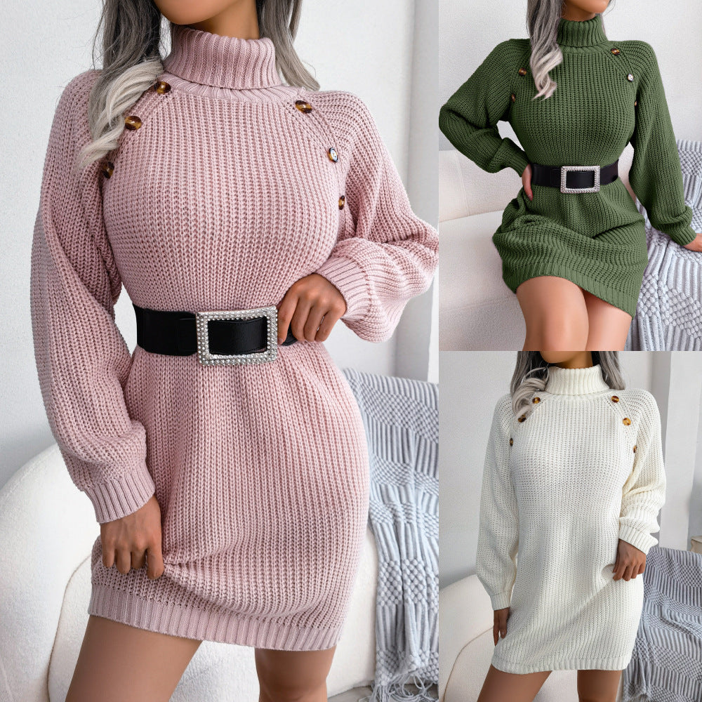 Winter Turtleneck Long Sweater Dress with Button Design Leisure