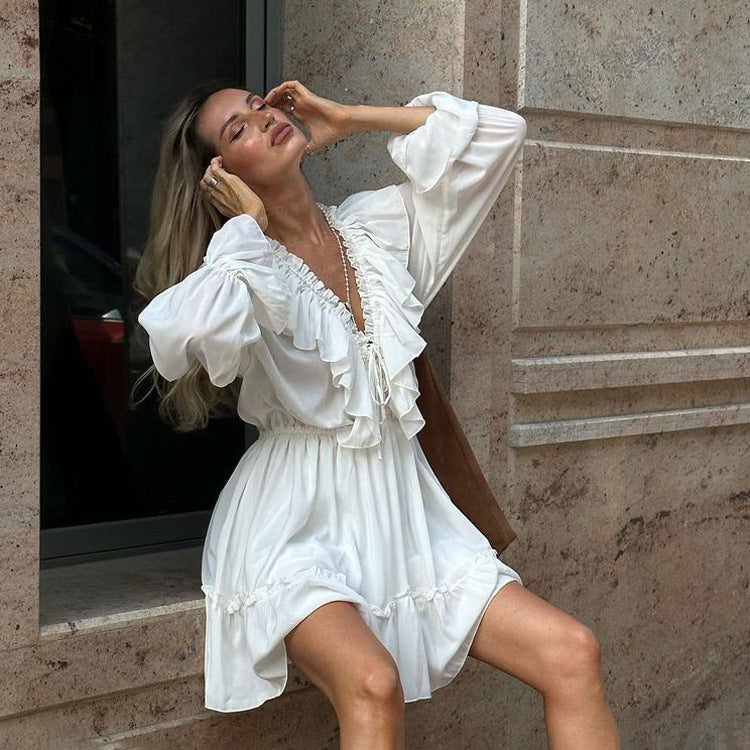 Fashion V-Neck Pleated Ruffle Long Sleeve Dress Y2K Flared Short