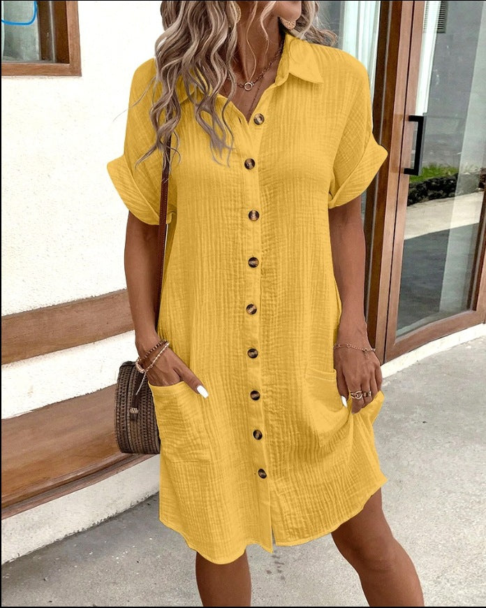 Summer Short Sleeve Shirt Dress Fashion Solid Color Single-Breasted