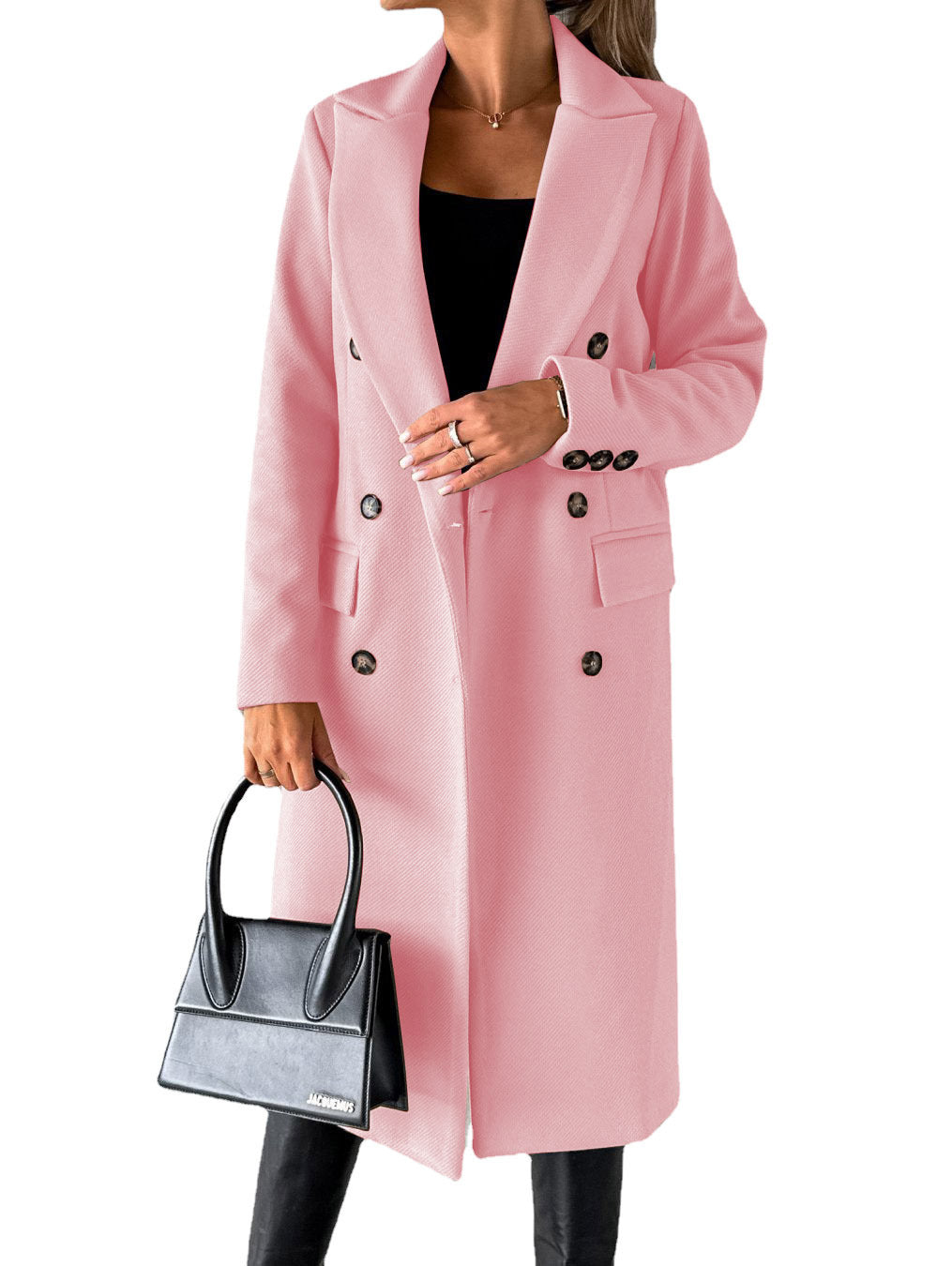 Double Breasted Lapel Coat Winter Fashion Solid Slim Long Jacket