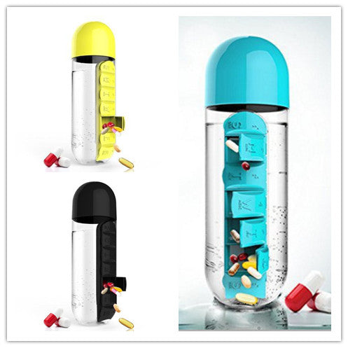 2-in-1 Water Bottle with Pill Box - Travel Cup with Storage