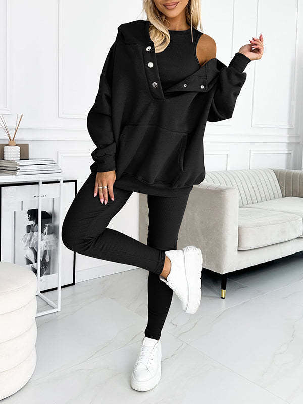 3pcs Women's Sports Suit Loose Hooded Pockets Sweatshirt and Vest