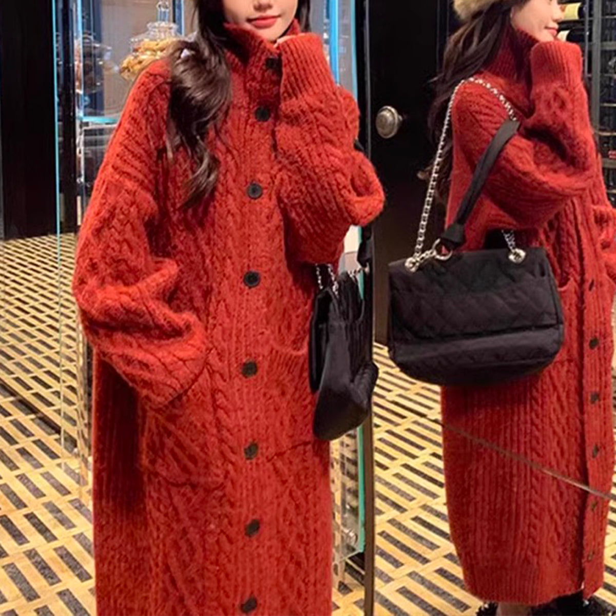 High Collar Thickened Twist Sweater Coat Gray Cozy Over-Knee Knitted
