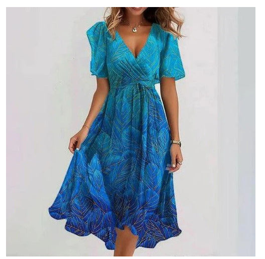Chiffon Printed Short Sleeve Dress Summer Elegant V-Neck Dresses