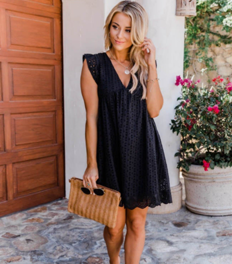 Lace Dresses with Pocket Summer Sleeveless Jacquard Cutout V-Neck