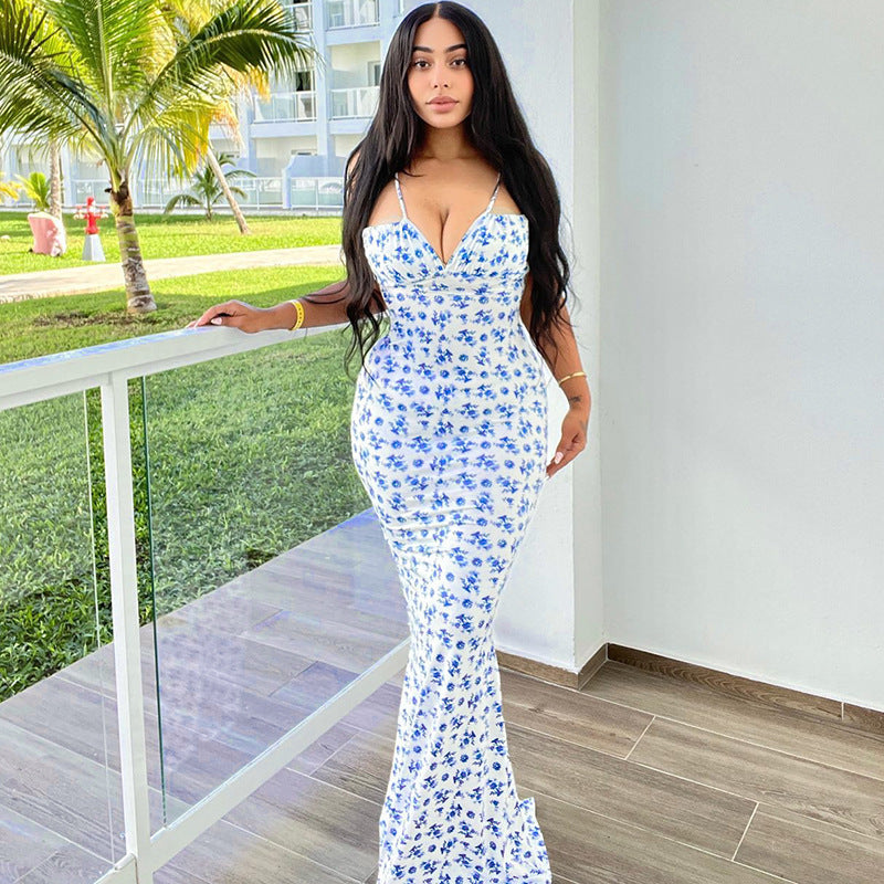 Fashion Flowers Print Suspender Long Dress Summer Lace-Up Slim