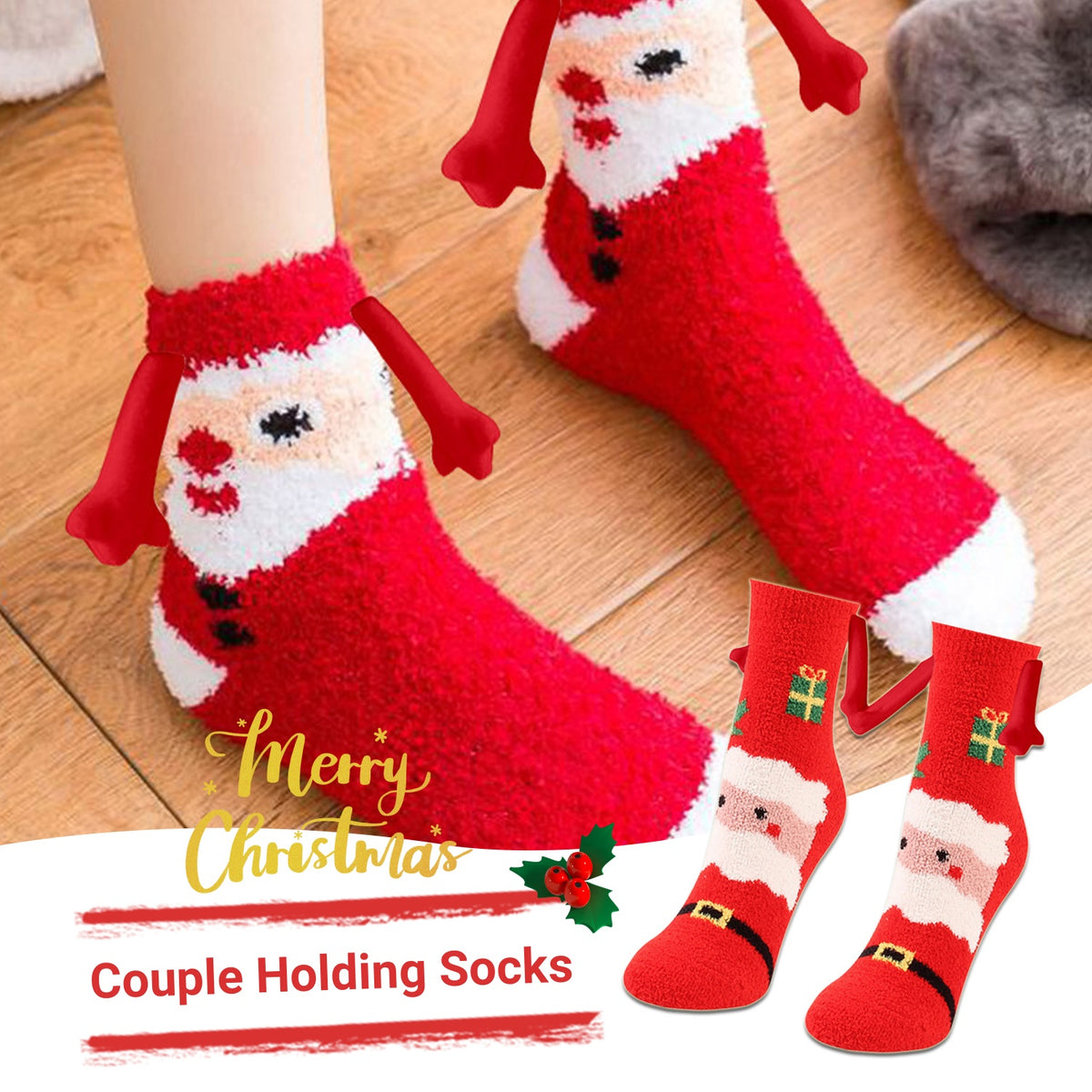 Christmas Supplies Magnetic Suction Hand in Couple Socks Coral Fleece