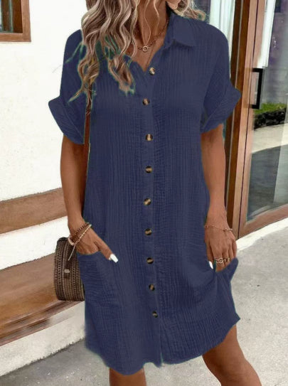 Summer Short Sleeve Shirt Dress Fashion Solid Color Single-Breasted