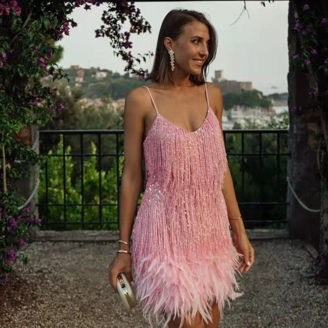 Sexy Tassel Sequins Feather Summer Mini Dress Women V-Neck Spaghetti