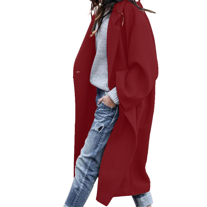 Casual Long Jacket with Pockets Solid Color Single Breasted Lapel