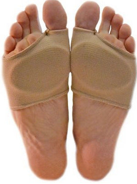 Pair of beige elastic forefoot support sleeves with separate big-toe openings and open heels