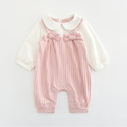 Pink 100% cotton embroidered baby girl jumpsuit with long sleeves and a single-breasted fastening.