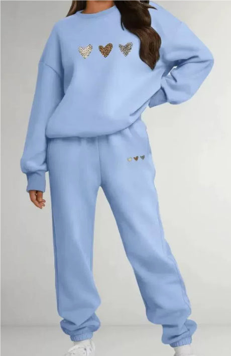 Love Heart Printed Sports Suit Hooded Sweatshirt Top and Drawstring
