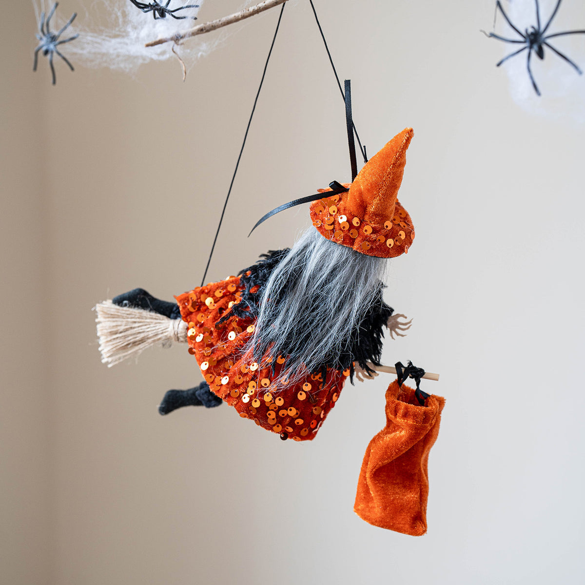 Hanging Flying Witch on Broom - Halloween Witch Doll Decoration