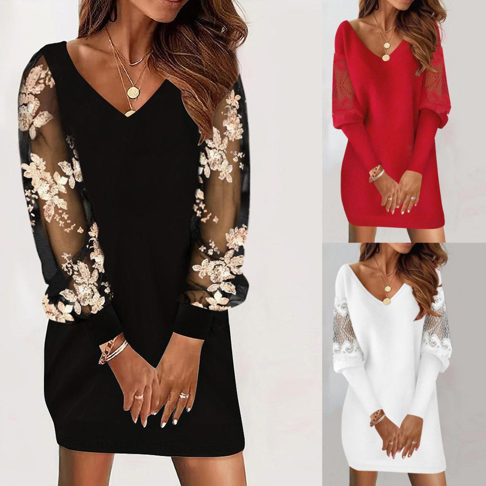 Long-Sleeved V-Neck Dress Spring and Autumn Lace Splicing for Women's