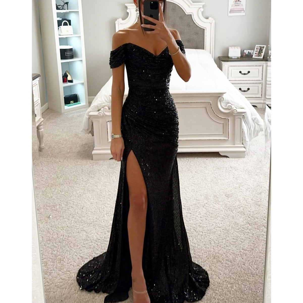 Party Sequins Off-Neck Split Dress Casual Fashion Women Charming