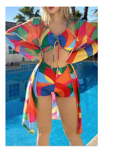 3pcs Pring Bikini with Long Sleeve Cardigan Fashion Summer Beach