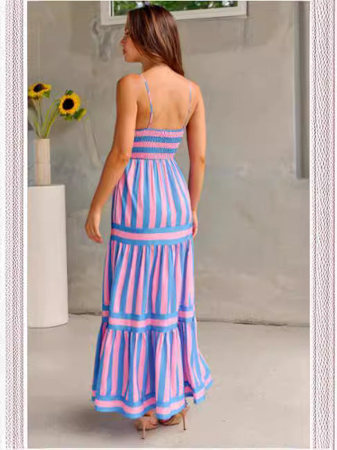 Summer Striped Printed Suspender Long Dress with Pockets Fashion