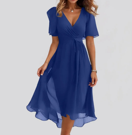 Chiffon Printed Short Sleeve Dress Summer Elegant V-Neck Dresses