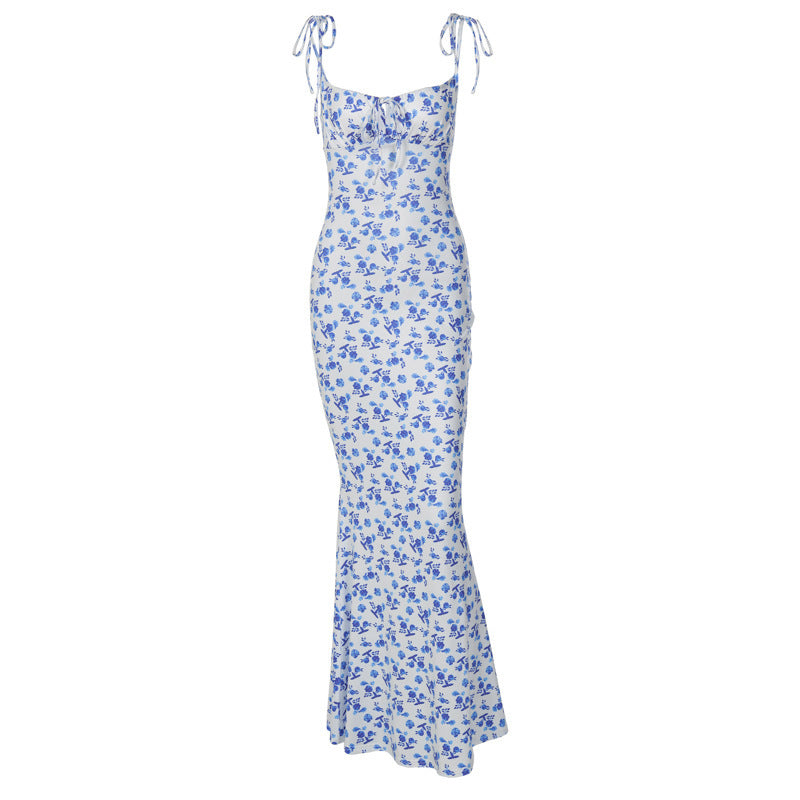 Fashion Flowers Print Suspender Long Dress Summer Lace-Up Slim