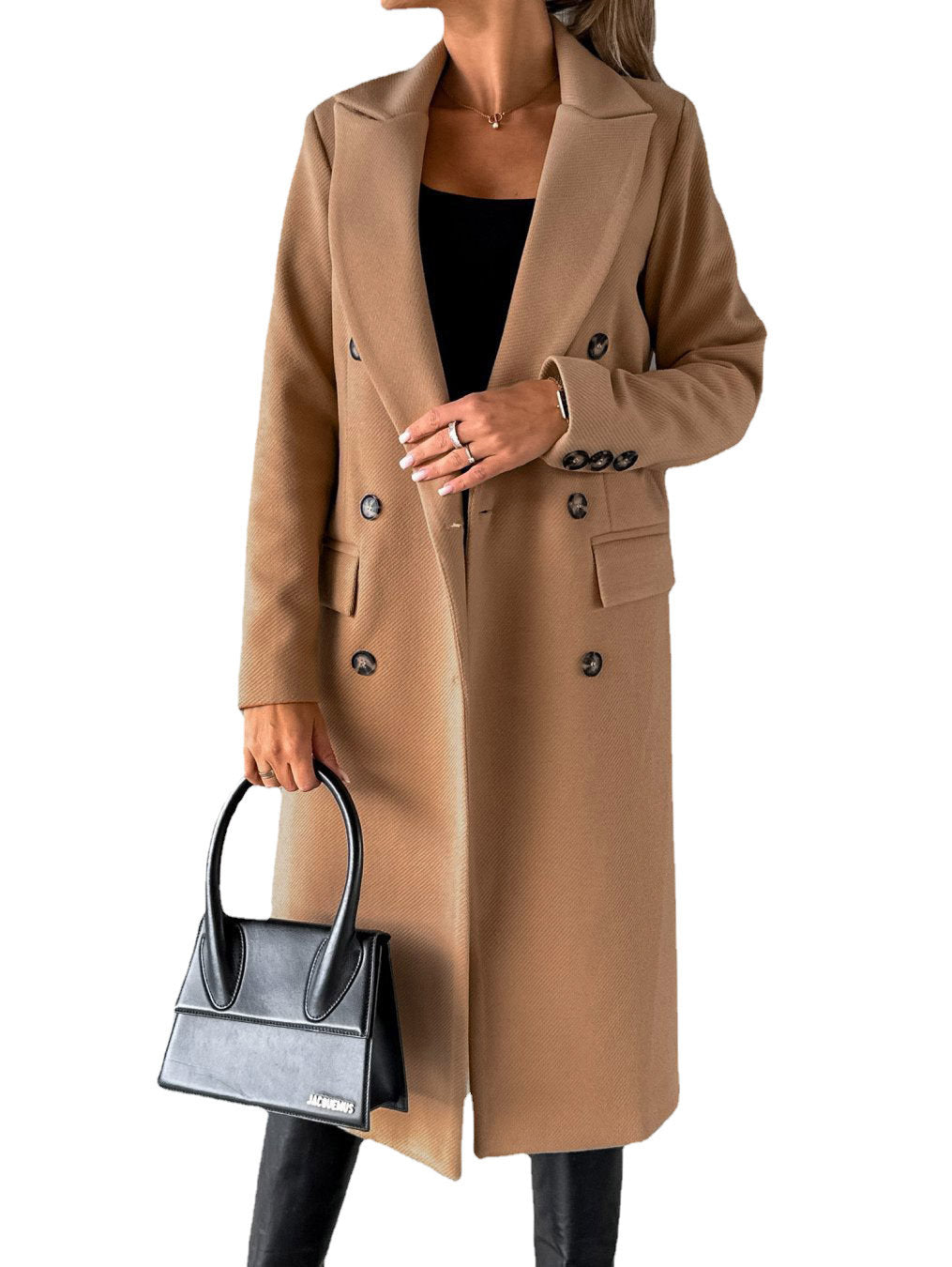 Double Breasted Lapel Coat Winter Fashion Solid Slim Long Jacket