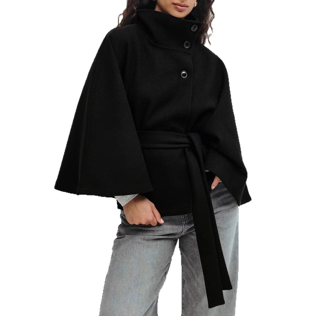 Winter High Neck Batwing Sleeve Coat with Belt Fashion Loose Elegant