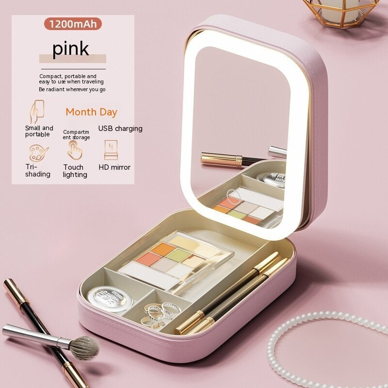 LED Mirror Makeup Storage Box - Portable Travel Cosmetic Organizer with Touch Light